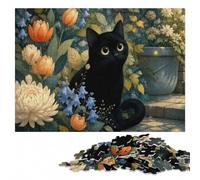 Black Cat Among Flowers Illustration Adult Wooden Jigsaw Puzzle 500 Pieces | Adult Jigsaw Puzzle - piece-by-piece progress toward a clear completion goal during indoor leisure.