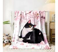 Black Cat and Cherry Blossoms Blanket Fresh & Clean Style Lightweight Washable Breathable Throws Blankets 40"x50", Single Size Fluffy Blanket Suitable for Kids Adults - All Seasons (101x128cm)