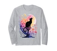 Black Cat and Crescent Moon - Spooky Botanical Halloween Long Sleeve T-Shirt