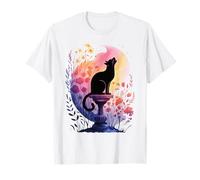 Black Cat and Crescent Moon - Spooky Botanical Halloween T-Shirt