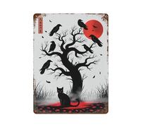 Black Cat And Crows Under Red Moon Tin Signs Decor Retro Metal Wall Plaque for Inside Metal Signs Farmhouse Indoor Outdoor Poster 15.7"x11.8"