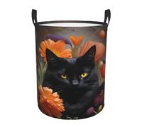 Black Cat And Flower Circular Laundry Basket Hamper, Large Capacity Washing Baskets, Waterproof & Collapsible Dirty Clothes Hamper With Handle, Organizer For Bedrooms & Bathrooms