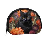 Black Cat and Flower Mini Zipper Coin Purse, Small Travel Organizer with All-Over Print, Durable Polyester Fabric, Compact Pouch for Coins,Keys