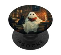 Black Cat And Ghost Reading Book In A Library Halloween PopSockets Adhesive PopGrip