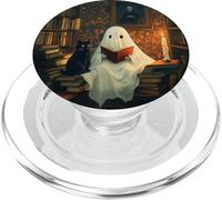 Black Cat And Ghost Reading Book In A Library Halloween PopSockets PopGrip for MagSafe