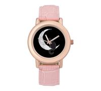 Black Cat and Moon Women's Wrist Watch Fashion Wristwatches with Pink Strap Gifts for Women Mother Wife Birthday