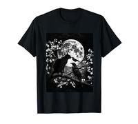 Black Cat And Raven White Cherry Blossom Full Moon T-Shirt