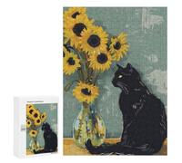 Black Cat And Sunflowers Jigsaw Puzzle for Adults And Families, 300 PCS, A Creative Way to Unwind after A Busy Day, for Cosy Nights