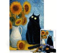 Black Cat And Sunflowers Van Gogh Style Jigsaws 1000 Pieces for Adults Mental Sharpness Cozy Pastime Precise Fit Holiday Treat (50x75cm)