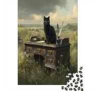 Black Cat, Antique Table Jigsaw Puzzles Beautiful Countryside Scenery Challenge Toy Educational Games Home Decoration for Adults& Teenager Age 14 Years Up 38x26cm/1000pcs