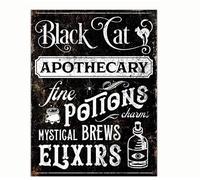 Black Cat Apothecary Fine Potions & Elixirs Holiday Metal Tin Wall Art Rustic Fall Sign Creepy Gothic Halloween Xmas Home Bar Decor 8x12 Inch,8 x 12 Inch