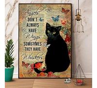 Black Cat Art - Angels Don't Always Have Wings Some Have Whiskers - 8x12 Inch Metal Tin Sign Cat Lovers Gift Vintage Art Home Wall Decor