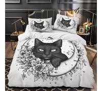 Black Cat Art Quilt Cover 3D Design Printed Luxurious 3 Pcs Bedding Set Zipper Vintage Moon Floral Design Duvet Cover Super Soft Anti-allergic for Kids Adults Women Teens Youth Single（135x200cm）