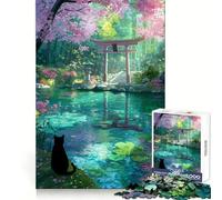 Black Cat at Shrine Cherry Blossom Pond 1000 Pieces Jigsaw Puzzles for Adults Brain Strength Peaceful Recreation Firm Interlock Best Gift (38x26cm)
