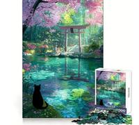 Black Cat at Shrine Cherry Blossom Pond for Adults 1000 Piece Jigsaw Puzzle Focus Training Peaceful Hobby Tight Join Memorable Gift (50x75cm)