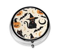 Black Cat Bat Halloween Pumpkin Round Pill Box with 3 Compartments, Mini Metal Pill Organizer for Purse or Pocket, Lightweight Portable for Daily Use Gifts Travel