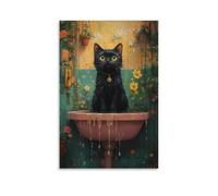 Black Cat Bathroom Canvas Wall Art Whimsical Floral Sink Poster with Cute Kitty Fantasy Animal Print for Restroom Garden Room Decor Vintage Inspired Wall Artwork Gift 12x18inch(30x45cm) Unframed