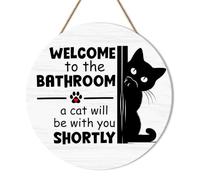 Black Cat Bathroom Decor, Retro Funny Bathroom Wood Hanging Signs Welcome To The Bathroom A Cat Will Be With You Shortly for Cats Lovers, Vintage Wall Decor for Home Washroom Toilet Restroom