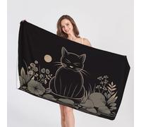 Black Cat Beach Towel, Microfibre Towel, Flower Beach Towels for Kids, Quick Dry & Sand Free & Lightweight & Super Absorbent Towel for Travel, Gym, Bath, Swimming, Beach Blanket, 75 x 150 cm