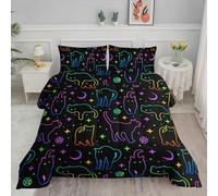 Black Cat Bedding Cartoon Cat Comforter Set Twin,Moon Stars Printed Kids Bedding Set for Boys Girls Adults Room Decor,Kids Comforter Set All Season,1 Quilt 2 Pillow Cases,Neon Color Purple Blue Green