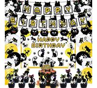 Black Cat Birthday Party Supplies Cat Themed Party Decoration Set Includes 5 x 3ft Black Cat Backdrops, Cat Happy Birthday Banner, Cake Topper, Cupcake Toppers, Balloons