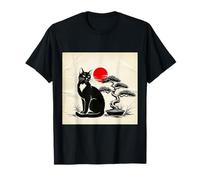 Black Cat Bonsai Art Japanese Red Sunset Zen Feline Style T-Shirt