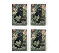 Black Cat Botanical Art Cards Multipack of 4 William Morris Style Greeting Cards For Any Occasion, Blank Inside For Your Message, A6 Size 10 x 15 cms