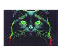 Black Cat Bright Green Eyes Adults Jigsaw 500 Piece Puzzles Fine Art Painting Custom Colorful Puzzle Fun Silly, 20.5x14.9 Inch