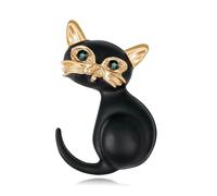 Black Cat Brooch Pin with Green Crystal Eyes and Rhinestone Collar, M, Metal, cubic zirconia
