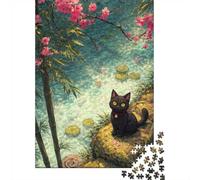 Black Cat by Cherry Blossoms And Pond 1000 Piece Jigsaw Puzzle for Adults, 38x26cm/1000pcs, White Cardboard Pieces, Screen-Free Leisure And Quiet Weekends