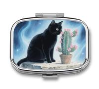 Black Cat Cactus Pill Box Travel Pill Organizer 2 Compartments Weekly Pill Case with Mirror Medicine Container One Day Pill Organizer