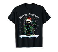 Black Cat Christmas light cat Santa hat Merry Catmas sweater T-Shirt