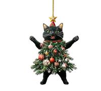 Black Cat Christmas Ornament, 2D Acrylic Kittens Wearing Christmas Trees, Cute and Charming Cat Hanging Decoration for Bag Car Rearview Pendant Decoration 8x6cm