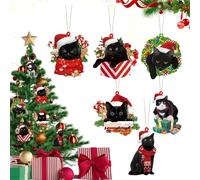 Black Cat Christmas Tree Decorations,Cat Christmas Tree Decorations - Black Cat Acrylic 6 Piece Set Christmas Tree Decorations - Farm Pendant Decor, Christmas Craft Decor for Cat Lovers