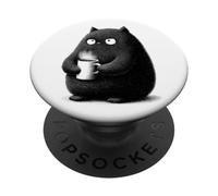 Black Cat Coffee Lover Cute Fluffy Illustrated Art PopSockets Adhesive PopGrip