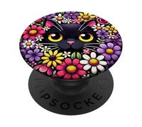 Black Cat Colourful Flowers Flowers Cartoon Cat PopSockets Swappable PopGrip