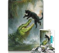 Black Cat Crocodile Jigsaw Puzzles for Teenagers 1000 Jigsaws,Stress Reliever Difficult Challenge Suitable for Desktop Decoration (75x50cm)