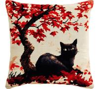 Black Cat Cushion Embroidery Latch Hook Kits for Adult Red Maple Tree DIY Latch Hook Pillowcase Canvas Crocheting kit Cross Stitch Carpet Embroidery DIY Latch Hook Pillows for Home décor 17x17 in
