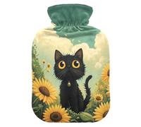 Black Cat Daisy Sunflower Spring hot Waterbottle with Soft Cover, 1L hotwater Bag for Hand Feet Warmer, Neck Shoulder Warmer, Bolsa de calor para Dolor Menstrual