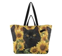 Black Cat Daisy Sunflower Spring Large Canvas Tote Recycle Kitchen Grocery Bags Shopping Tote Bag for Men Hospital, Shopping, Beach, Travel bolsas Grandes para Mujer