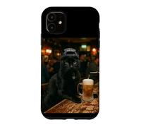 Black Cat Drinking Beer Bartender Case for iPhone 11