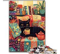 Black Cat Drinking Coffee 1000 Piece Jigsaw Puzzles for Adults & Teens, Fun Games Every Piece Is Unique - Challenging Family Fun Game (50x75cm)