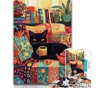 Black Cat Drinking Coffee 1000 Piece Jigsaw Puzzles for Teenagers Gifts,Decompressing Intellectual Educational Toy Secret Santa Gifts 38x26cm