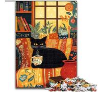 Black Cat Drinking Coffee 1000 Pieces Jigsaw Puzzles for Adults And Teens, Staycation Kill Time Birthday Present, Gifts, Wall Art for 14+ (size 26x38cm)