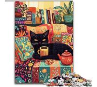 Black Cat Drinking Coffee Adult Jigsaws 1000 Pieces Difficult, Suitable for Ages 14 And Up Family Fun It Is Ideal As A Gift for The Whole Family (26x38cm)