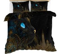 Black Cat Duvet Cover Set Double 200 X 200 cm Starry Night Sky Bedding Set 3 Piece Soft Lightweight with 2 Pillowcases Tech Art City Skyline Print Pattern Quilt Cover with Zipper Closure