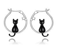 Black Cat Earrings Stud for Women Dainty Minimalist Silver tone Halloween Holiday Night Costume Jewelry Cute Sleeping Cat Earrings Fun and Festive Fashion Jewelry, M, Metal, No Gemstone