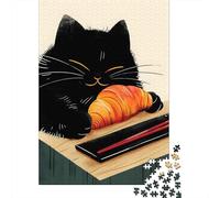 Black Cat Eating Croissant Jigsaw Puzzle for Adults, 1000 Pieces, 52x38cm/1000pcs, Quiet Home Activity, Weekend Downtime And Time at Home