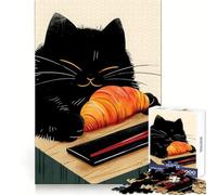 Black Cat Eating Croissant Jigsaws 1000 Pieces for Adults Focus Ability Mindful Escape Interlock Well Meaningful Gift (38x52cm)