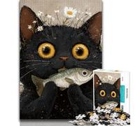 Black Cat Eating Fish JigsawPuzzle 1000 Pieces for Adults,Challenging To Complete But Fun And Humorous Unique Home Decor And Gifts (38x26cm)